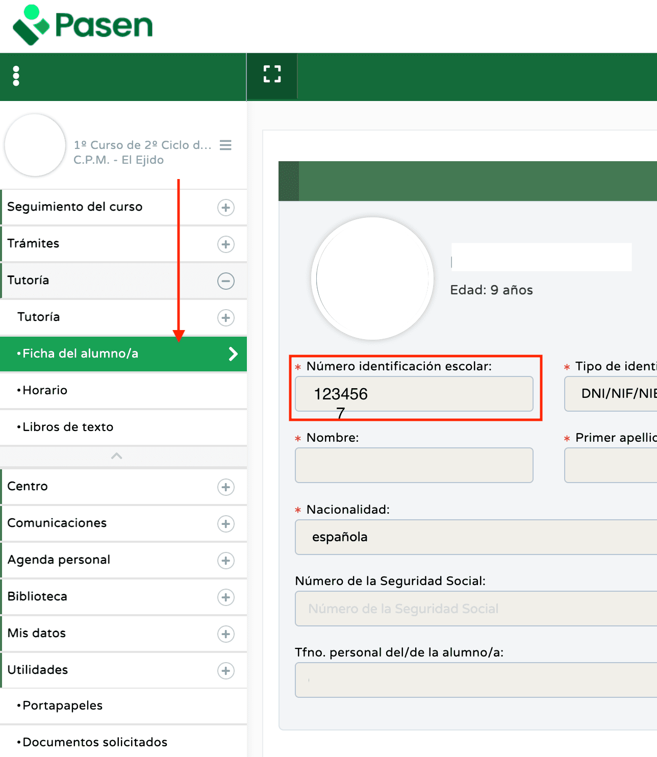 Ubicación del NIE en la Ficha del alumno
